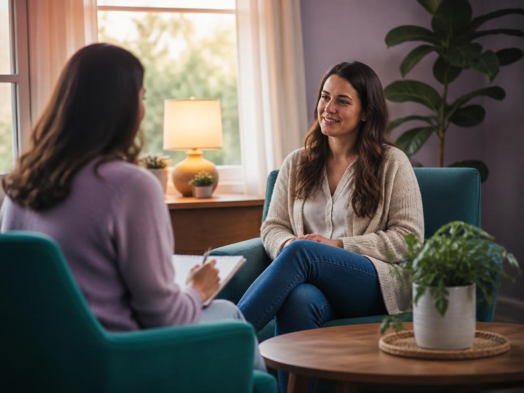 Mujer en sesión de psicoterapia conversando con su terapeuta en un espacio cálido